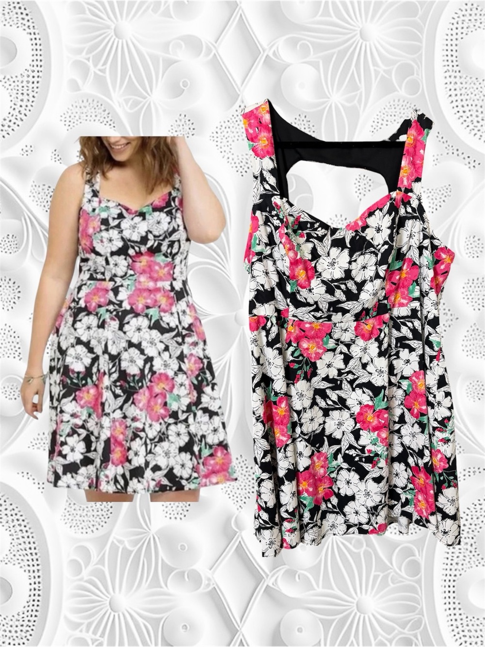 torrid 26 Black Midi Swing Dress with Pink Floral Print